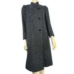 Larry Levine 90s Herringbone Wool Coat Petite Black Cream USA Made Small petite